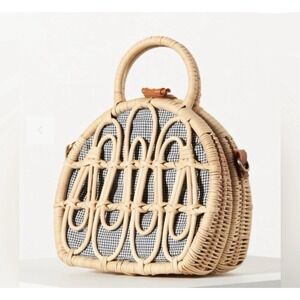 Anthropologie Woven Rattan Mini Bag with Black-and-White Gingham Lining